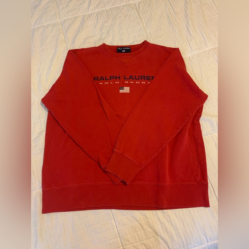 Rare Vintage Ralph Lauren Polo Sport Spell Out American USA Flag Sweatshirt 90s